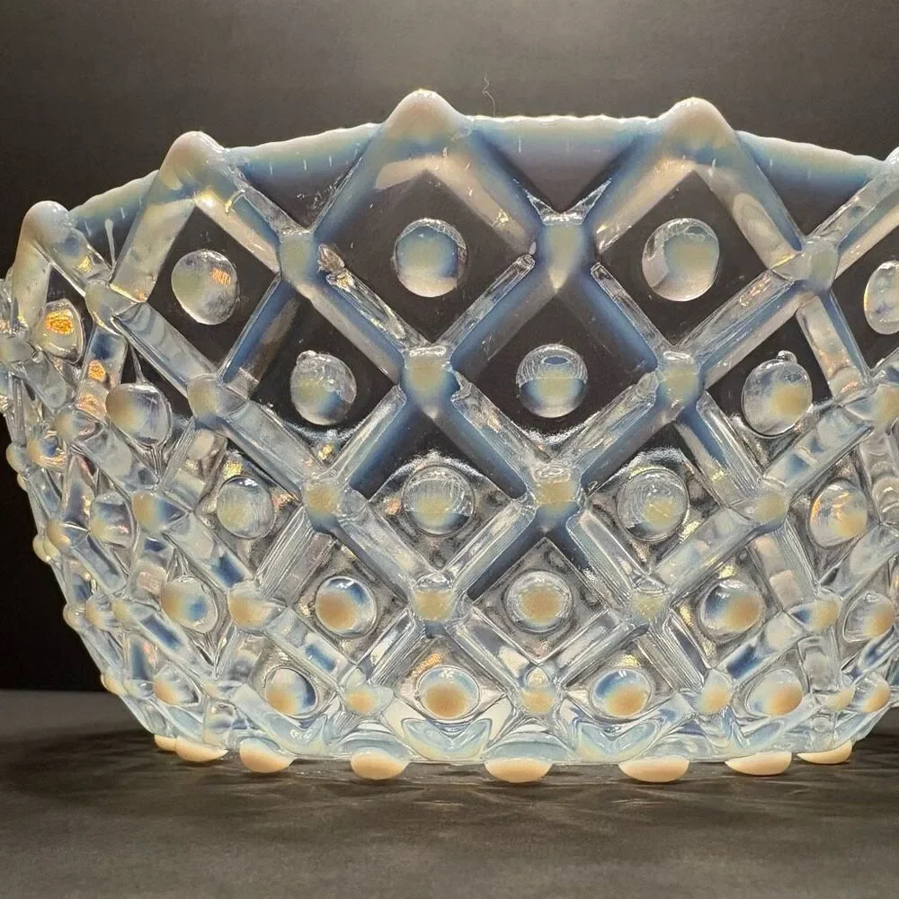 Rare Vintage Antique Aetna Glass Co. 1887 Hobnail Square Bowl White Opalescent